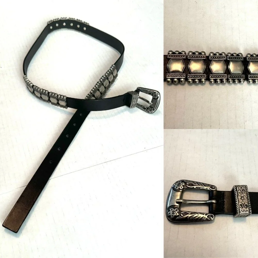 Albatros Black Leather Belt Italy Silver Buckle Art Nouveau deco Sz L